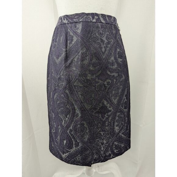 WORTH! ORNATE FLOURISH PURPLE, BLACK LACY SILVER SHIMMER PENCIL CUT SKIRT! SZ 10 - Picture 2 of 8